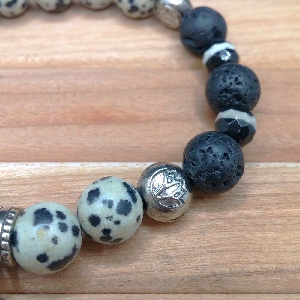 Dalmatian Jasper Beaded Bracelet Handmade Black Lava Stones Tibetan Silver Charm - Picture 8 of 10